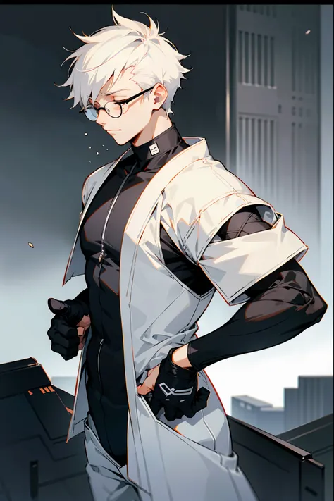 1male, Young Adult, White Hair, Eyes Closed, Short Hair, Spikey Hair, Dojo Background, Slight Smile, Glasses, Standing In City, Detailed background, Black and White Combat Suit