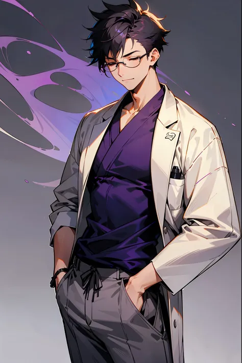 1male, Young Adult, Dark Purple, Eyes Closed, Short Hair, Spikey Hair, Grey Pants, Dojo Background, Slight Smile, Glasses, Standing In City, Detailed background, Dojo Outfit, Lab Coat