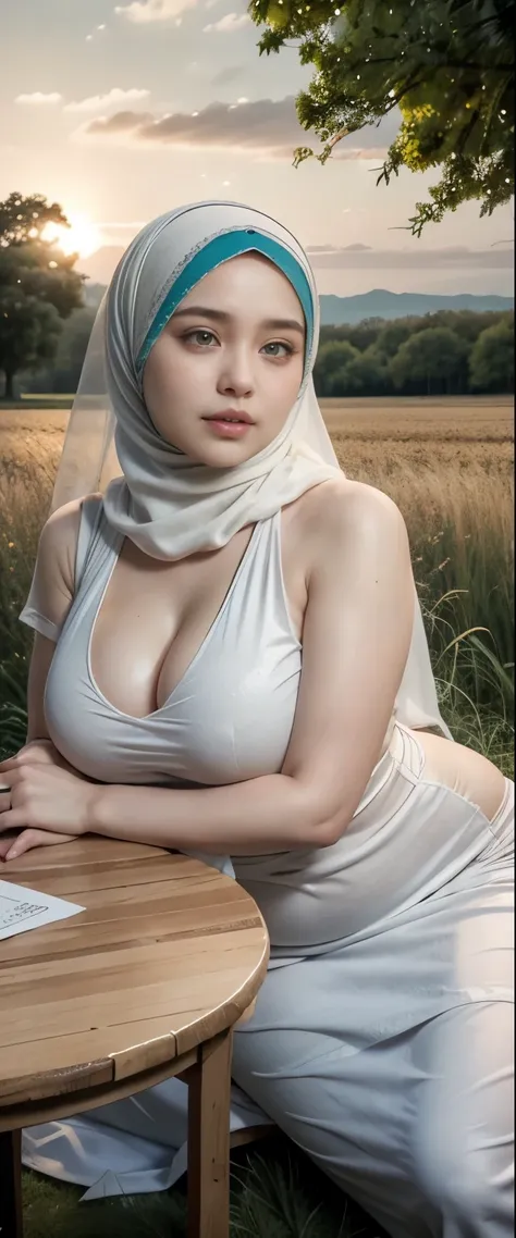 ( close up),raw, best quality, high resolution, works: 1.3), beautiful malay woman in hijab, masterpiece, fit body, big breasts,...