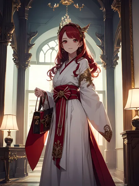 beautiful young woman, anime style, detailed face, red hair, red eyes, delicate features, soft lighting, wearing a stylish fantasy outfit, ready to go out, holding a small bag, standing in a beautifully decorated room, ornate furniture, magical elements, e...