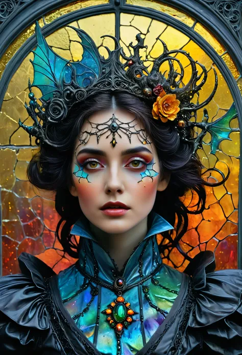 Heroine of Sleepy Hollow, magical fantasy art is done in oil paint and liquid chrome, liquid gold, liquid black, liquid rainbow, splattered paint, two parts in one art, double exposure, best quality, dark tales, art on a cracked paper, fairytale, patchwork...