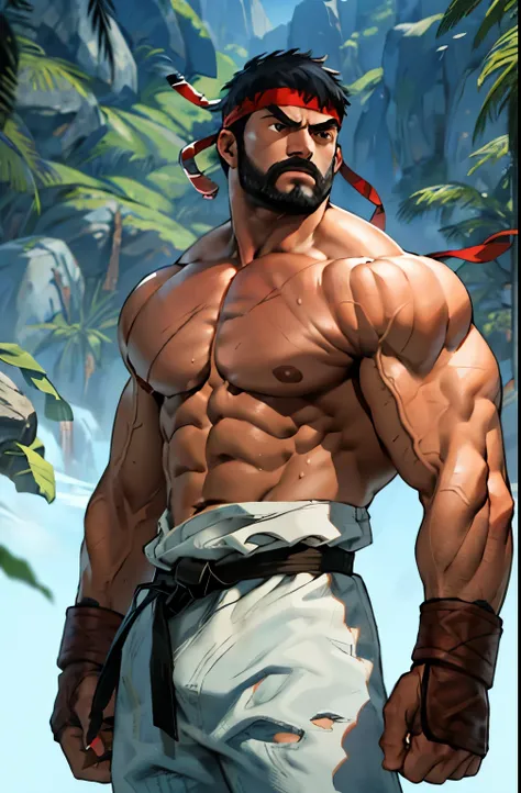 (masutepiece, Best Quality:1.2), Cowboy Shot, Solo, Male Focus, 1boy, Ryu (nffsw), Middle Age, Serious, determined face, White skin, Looking at Viewer, Black hair, Thick blackbeard, Detailed face, tall, hunk, muscular, broad shoulder, big physique, wounds,...