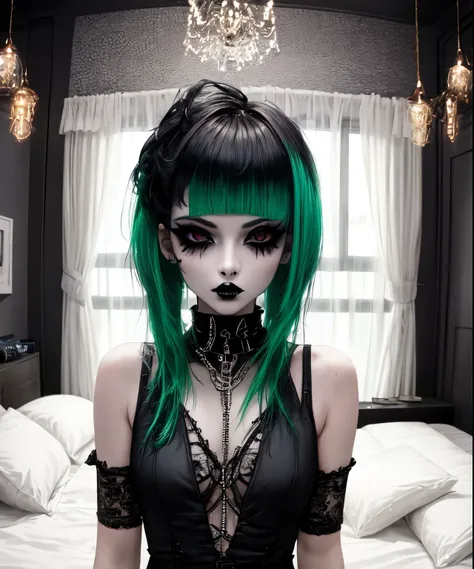 bce, 1girl, green hair, black eyes, asymmetrical hair, bedroom, goth, goth makeup, smoky eyes, eyeshadow, eyeliner, flat bangs, ...