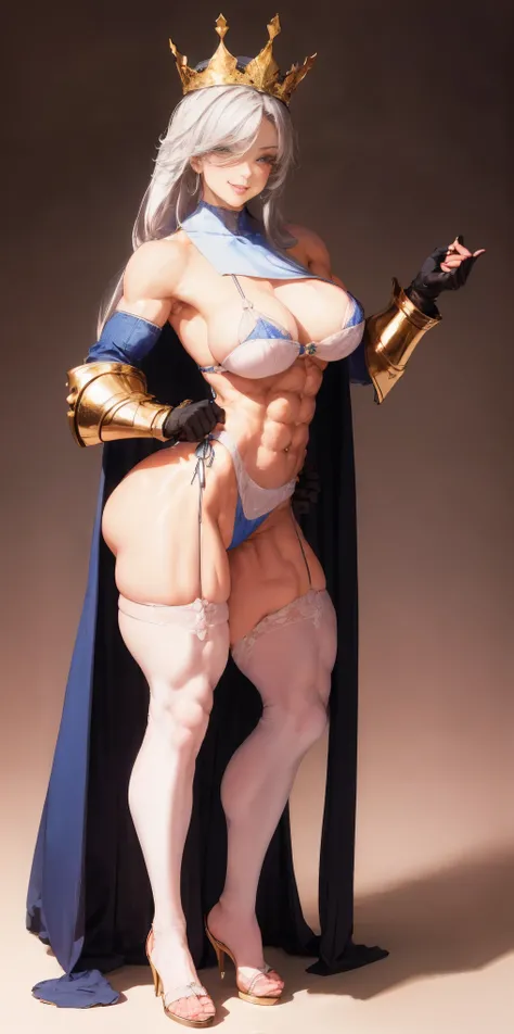 1girltallsolo with extremely long hair, ponytail, perfect anatomy, slim thick ((muscular)) toned body, silver breast plate, blue cape, slender abs, hourglass waist, detailed face, defined cheekbones, puffy lips, gauntlets, gold crown, shadow over eyes, loo...