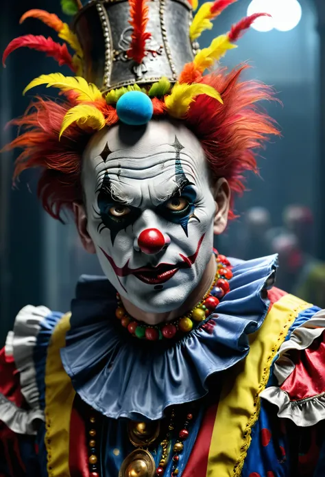 zombie, uhd photorealisitc authentic psychotic angry madman wearing ornate clown costume and intricate voodoo makeup, shoulders, intricate details, vivid colors, frightening surroundings, correct details, perfect composition, beautiful detailed intricate i...