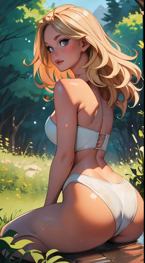 A blonde woman on all fours looking at the viewer, and a woods, wet skin, wearing a white lingerie, beautiful ass, big ass, (extremely detailed face), from behind, 8K resolution, super detailed, high quality