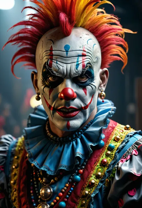 zombie, uhd photorealisitc authentic psychotic angry madman wearing ornate clown costume and intricate voodoo makeup, shoulders, intricate details, vivid colors, frightening surroundings, correct details, perfect composition, beautiful detailed intricate i...