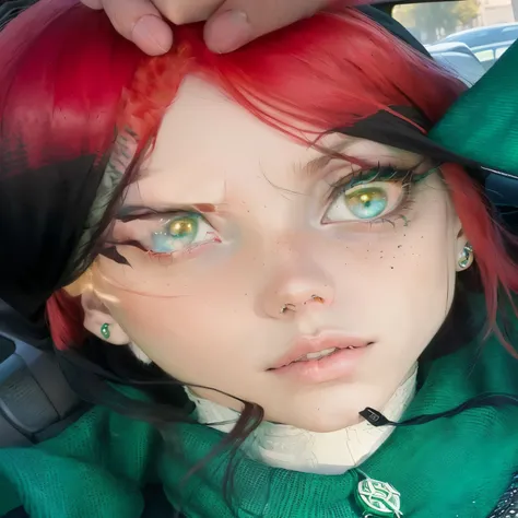 arafed woman with red hair and green sweater sitting in a car, billie eilish, portrait of billie eilish, overlord billie eilish, piercing green eyes, billie eilish as loki, billie eilish as a sad nun, billie eilish as female loki, intricate heterochromia s...