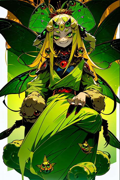 1girl, chibi spider girl, monster musume, 9 years old, hairy thin long spider legs, dragonfly wings, moth antenas on head, blonde long hair, yellow hair, green clothes, green eyes, flat chest, smiling innocently, innocent look, hades style, hadesstyle, had...