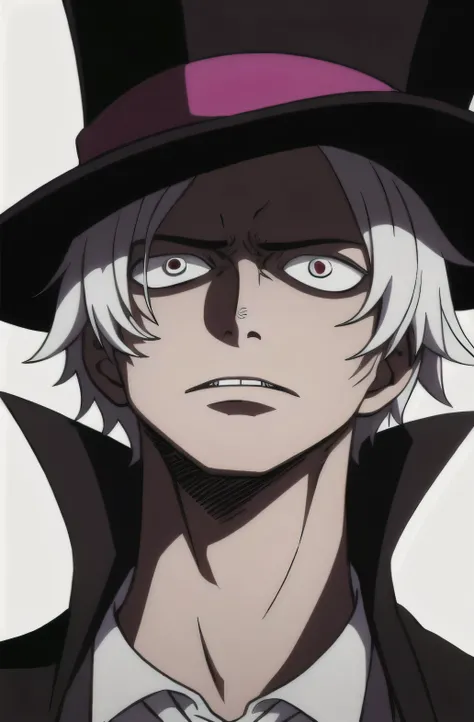 1boy, wanostyle, top hat, trench coat, funny face, crazy eyes, medium white hair, multiple scars on face, looking at viewer, solo, upper body, ((masterpiece)), (best quality), (extremely detailed), depth of field, sketch, dark intense shadows, sharp focus,...