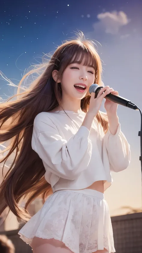 Girl in a dream.I have long colorful hair.Wearing white clothes.Its a rock band.Im singing a song.Notes flying around.It is an illustration of the highest quality.It is a beautiful illustration.Very colorful.