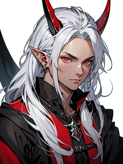 medieval anime art, masterpiece, best quality, by professional artist, male, solo, portrait, detailed composition, detailed eyes, (((white background))), elf ears, long silver hair, spiky horns, (((wearing black and red wizard outfit))), orange eyes, earri...