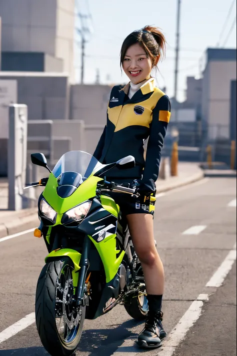 Glowing Korean beauty with cybernetic arm,(Transparent and revealing clothing:1.3, ),(Cyber Girl is、Ride through a futuristic city on a colorful, custom-painted green Kawasaki Ninja motorcycle:1.3),mini skirtを履いてバイクに跨り白いパンティが見えてます、kawasaki ninja250、Showing...