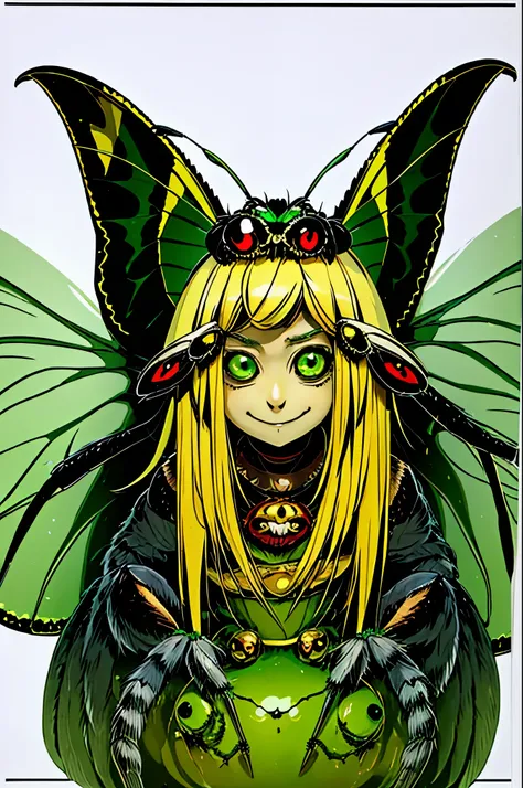 1girl, alone, chibi spider girl, monster musume, 9 years old, hairy thin long spider legs, dragonfly wings, moth antenas on head, blonde long hair, yellow hair, green clothes, green eyes, flat chest, smiling innocently, hades style, hadesstyle, hades2style...