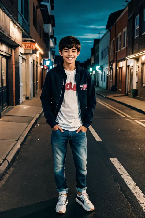  Teenage boy standing in a street at night and smiling 