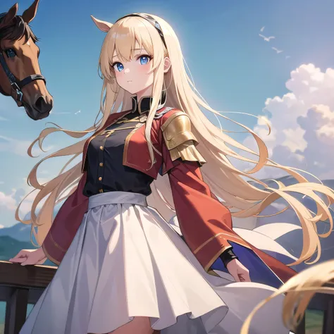 young woman, princess, beautiful eyes, warrior, saint, blonde, long hair, hair band, side bangs, white skirt, horse&#39;toes, 1 ...