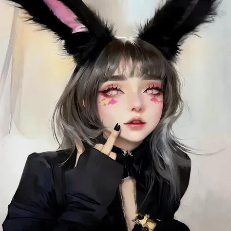 hay una mujer con oreja de conejo y camisa negra, con orejas de conejo, chica con orejas de gato, dulce conejita ultrarrealista, with long, floppy rabbit ears, con orejas de conejo, con grandes orejas de conejo, mujer con orejas de gato, con ojos rojos bri...