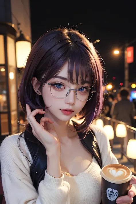 ((best quality)), ((masterpiece)), (detailed), perfect face 1 girl, purple hair, beautiful hair, blue eyes, make up, perfect face, perfect body, winter, tokyo, night, coffee, glasses, wolf cut hairstyle