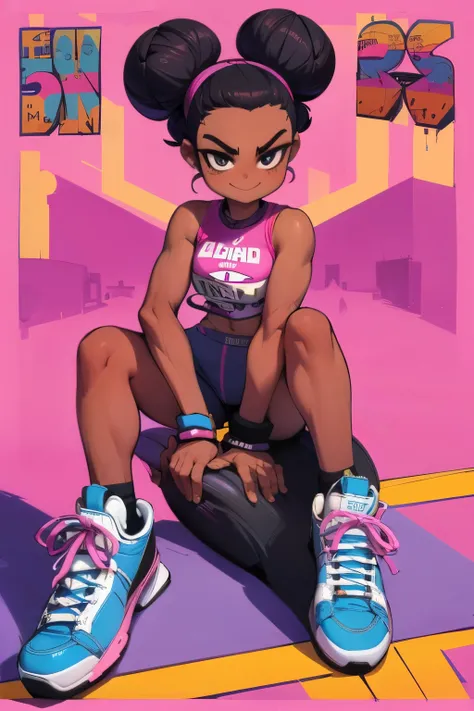 comics, 1980s Style, masterpiece, Dramatic, Movie, whole body, dynamic view, Medium, HD8K quality，Alicia，10 years old，Black Girl，african hairstyle, Hair Bun, Pink sleeveless crotchless top，Pink Skinny Bike Shorts，Blue sneakers，Cool smile，naughty attitude，N...