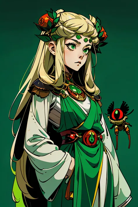 1girl, young, little, 6 years old, chibi, komusume, blonde long hair, green clothes, insect green eyes, arachnid style, background filled with insects, tartarus background, scenery, main character, hades style, Arachne, spider legs attached to her back