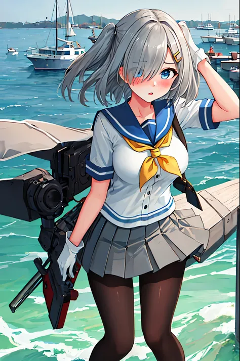 best quality, masterpiece, highres, solo, {hamakaze_kantaicollection:0.90}, 1girl, loli,younger_teen,black_pantyhose, pleated_skirt, serafuku, short_sleeves, simple_background, white_background, yellow_neckerchief, white_gloves, looking_at_viewer, grey_ski...