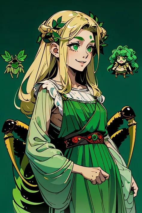 1girl, young, little, 6 years old, chibi, komusume, blonde long hair, green clothes, green eyes, innocent expresion, smiling, arachnid style, background filled with insects, Tartarus scenery, in Tartarus, surrounded by giant greek columns, main character, ...