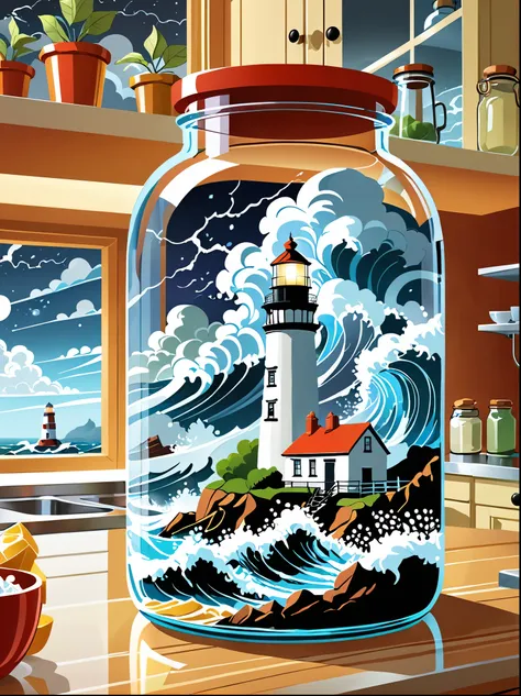 (flat, user interface vector style), (world in a bottle), breathtaking epic scenes，optical illusion of a lighthouse in a storm，t...