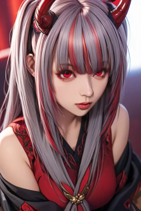 highest quality, intricate details,

one girl, nakiri ayame, demon horns, multicolored hair, long hair, red eyes, gray hair,