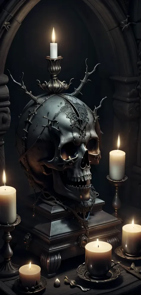 h4l0w3n5l0w5tyl3m3rg34ll, vampire's crypt, whispering, coffin props, skulls, candelabras, skull art