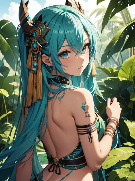 Miku Hatsune, piel bronceada, alta definicion, tatuaje tribal, prehispanic clothes, mayan gir, piramid maya landscape, jungle