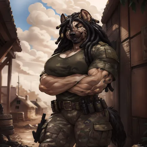 solo, 1girl, hyena, female, broad shoulders, stocky build, buff, muscular, large breasts, beige fur, spots, dreadlocks, black hair, gold eyes, highly detailed eyes, Amazon, powerful figure, wearing camouflage_uniform, (monochrome uniform:1.2), military cam...