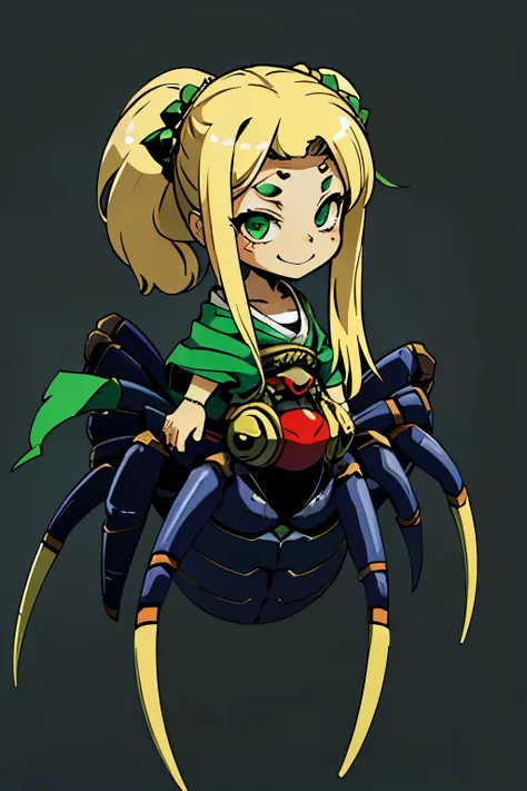 1girl, young, little, 6 years old, chibi, komusume, flat chest, blonde long hair, green clothes, green eyes, innocent expresion, smiling, arachnid style, spider body, background filled fumes, Tartarus scenery, in Tartarus, surrounded by giant greek columns...