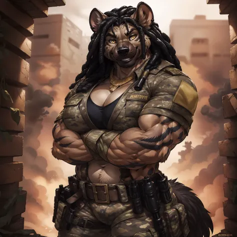 solo, 1girl, hyena, female, broad shoulders, stocky build, buff, muscular, large breasts, beige fur, spots, dreadlocks, black hair, gold eyes, highly detailed eyes, Amazon, powerful figure, wearing camouflage_uniform, (monochrome uniform:1.2), military cam...