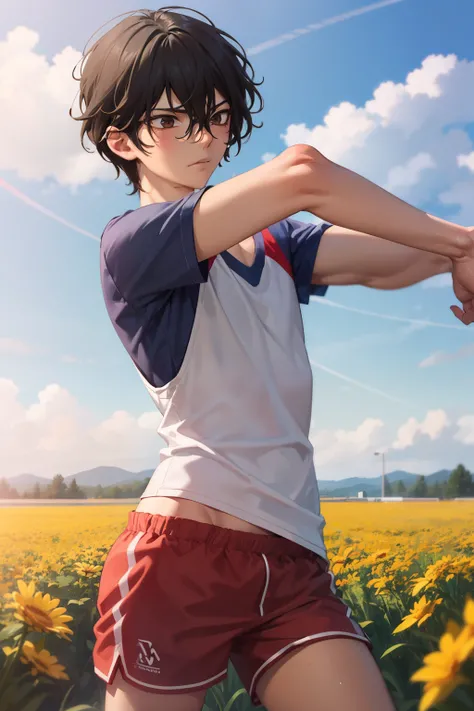 masterpiece, best quality, wallpaper, looking away,standing,,1boy, solo, black hair, brown eyes, hair between eyes, White sports t-shirt, red sports shorts,Muscle stretching, in the field, early morning, bright sun, 16k resolution,close up photo 