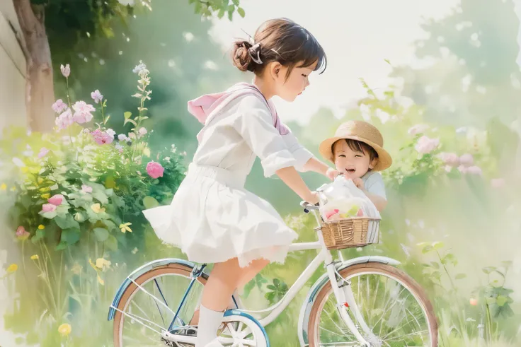 (highest quality、masterpiece)、(5 year old girl riding a bicycle)、(assisting dad:1.2)、(children's bicycles、whole)、(from the side)...