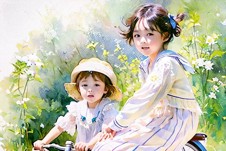 (highest quality、masterpiece)、(5 year old girl riding a bicycle)、(assisting dad:1.2)、(children's bicycles、whole)、(from the side)...