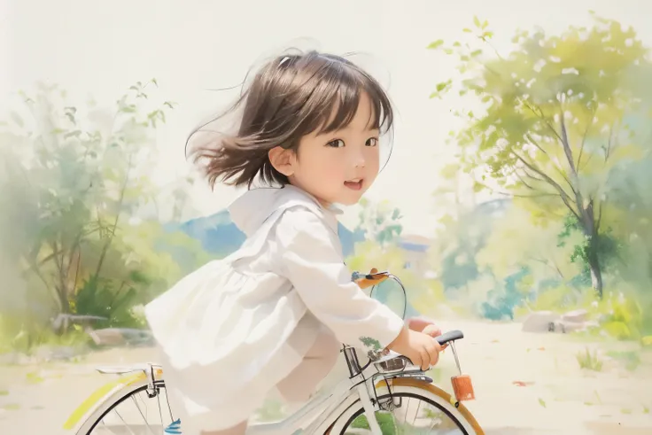 (Highest quality、masterpiece)、(5 year old girl riding a bicycle)、(Assisting Dad:1.2)、(Childrens bicycles、whole)、(From the side)、(Cute face)、short hair、White clothes、shoes、(No background)、White Background、Blur the background、(Watercolor of singer Sargent)、I...