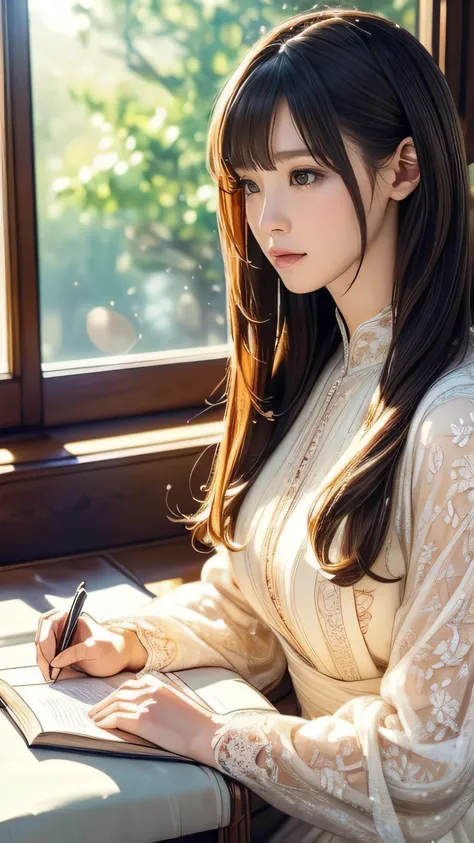 (masterpiece, highly detailed, 8k, ultra-realistic, photorealistic, intricate details, beautiful anime girl, solo female, writer, writing, surrounded by many books, warm lighting, soft focus, elegant, serene expression, delicate facial features, long eyela...