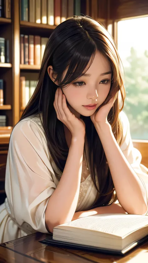 (masterpiece, highly detailed, 8k, ultra-realistic, photorealistic, intricate details, beautiful anime girl, solo female, writer, writing, surrounded by many books, warm lighting, soft focus, elegant, serene expression, delicate facial features, long eyela...