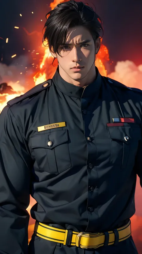 (masterpiece, highest quality, 8k, super detailed, high resolution, anime style, absolutely), (alone:1.5), handsome anime boy, firefighter uniform, intense gaze, determined expression, muscular build, dramatic lighting, cinematic composition, vibrant color...