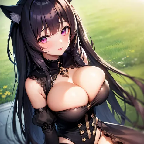 best quality, 4k, high detail; beautiful, sexy, young goth girl; ((huge breasts, cleavage, nipples partially exposed)); black hair, cat ears; black, frilly lingerie; wide hips, tanned, wet skin; blushing while looking at viewer, heavy breathing