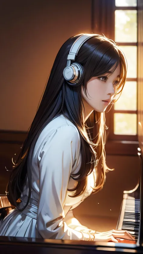 a beautiful anime girl, solo female, wearing headphones, playing the piano, detailed facial features, long hair, elegant dress, intricate background, warm color palette, cinematic lighting, highly detailed, 8k, masterpiece, ultra-detailed, photorealistic, ...