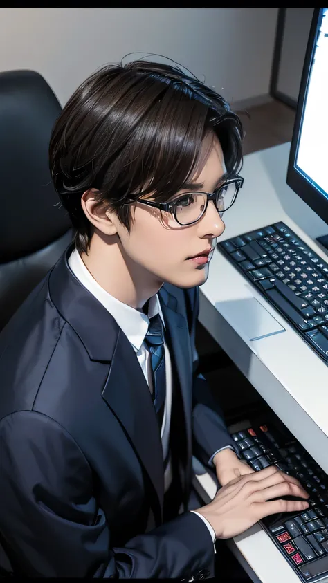 handsome anime boy, glasses programmer, (masterpiece, highest quality, in 8k, super detailed, high resolution, anime style, absolutely), (alone:1.5), handsome man, computer programming, programming text on monitor, keyboard typing