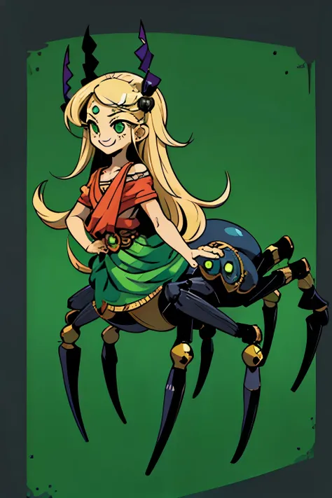 1girl, young, little, 6 years old, chibi, komusume, flat chest, blonde long hair, green clothes, green eyes, innocent expresion, smiling, arachnid style, spider body, background filled fumes, background filled with greek columns, Tartarus scenery, in Tarta...