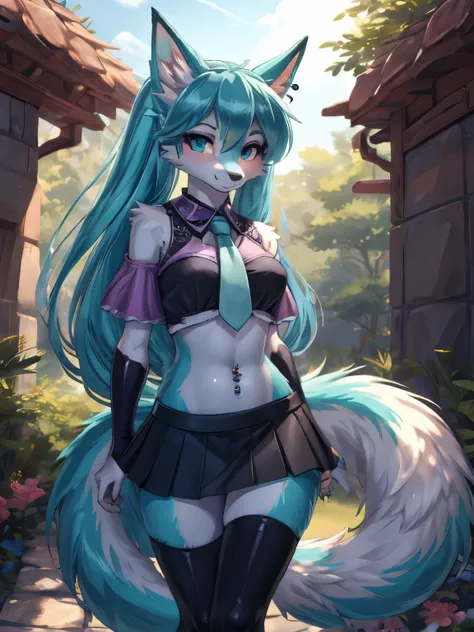 Chica anime, anime style, cute hatsune miku x suicune, shy girl , Orejas de Kitsune, arte de dark natasha, garden landscape, arte de vixen aztra, cuerpo completo, platas hermosas, cintura delgado, caderas amplias, piernas torneadas, hermosa, foto de cuerpo...