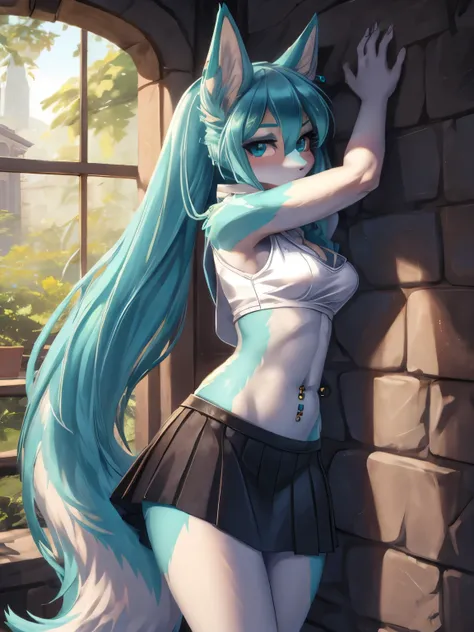 Chica anime, anime style, cute hatsune miku x suicune, shy girl , Orejas de Kitsune, arte de dark natasha, garden landscape, arte de vixen aztra, cuerpo completo, platas hermosas, cintura delgado, caderas amplias, piernas torneadas, hermosa, foto de cuerpo...