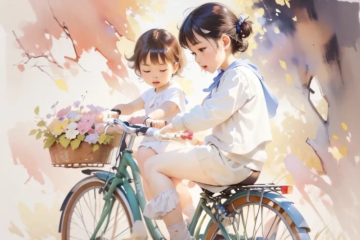 (highest quality、masterpiece)、(5 year old girl riding a bicycle)、(assisting dad:1.2)、(children's bicycles、whole)、(from the side)...