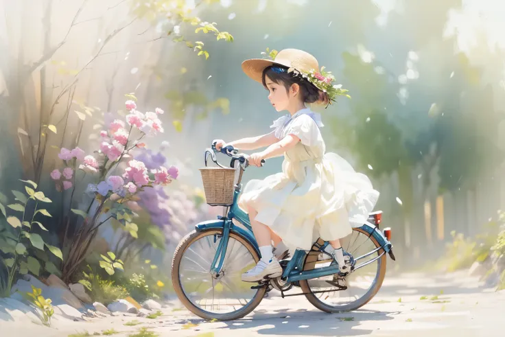 (highest quality、masterpiece)、(5 year old girl riding a bicycle)、(assisting dad:1.2)、(children's bicycles、whole)、(from the side)...