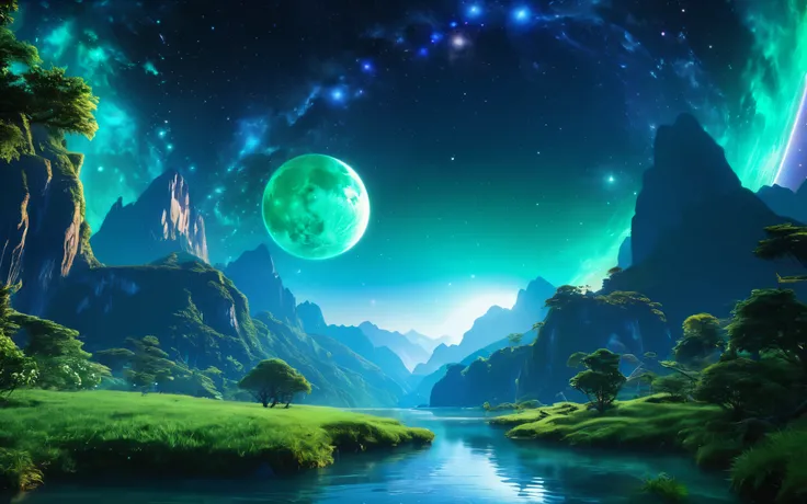 8k quality, a planet with two very bright moons, celestial beauty, mesmerizing landscape, ethereal atmosphere, vibrant colors, soft lighting, dreamlike, mystical presence, otherworldly vision, tranquil and serene, shimmering waters, lush green forests, maj...