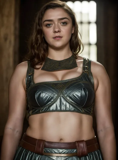 Foto RAW, Arya Stark, Stunning Beauty, Ravishing, Enchantress, Extremely gorgeous lady, Arya Stark PLAYED BY MAISIE WILLIAMS, Queen Arya Stark, she  a mature woman now, milf, sexy mediaeval battle dress, gladiator woman, body, 40 years old Woman, Roman sla...